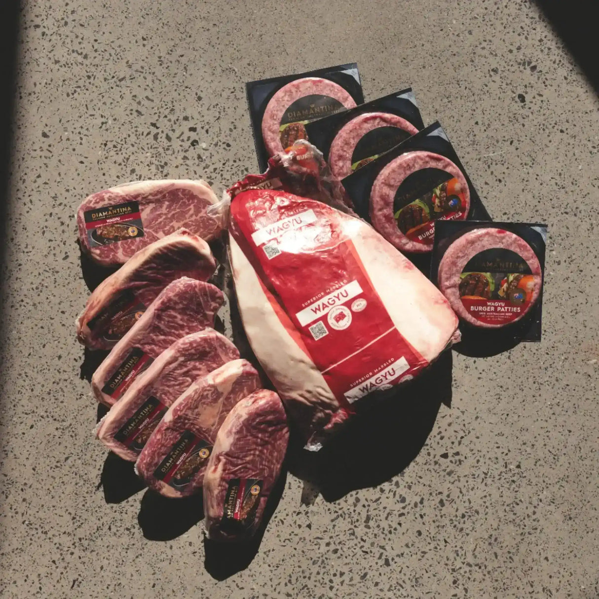 Australian Wagyu beef steaks, brisket, and Diamantina burger patties from Peter Augustus