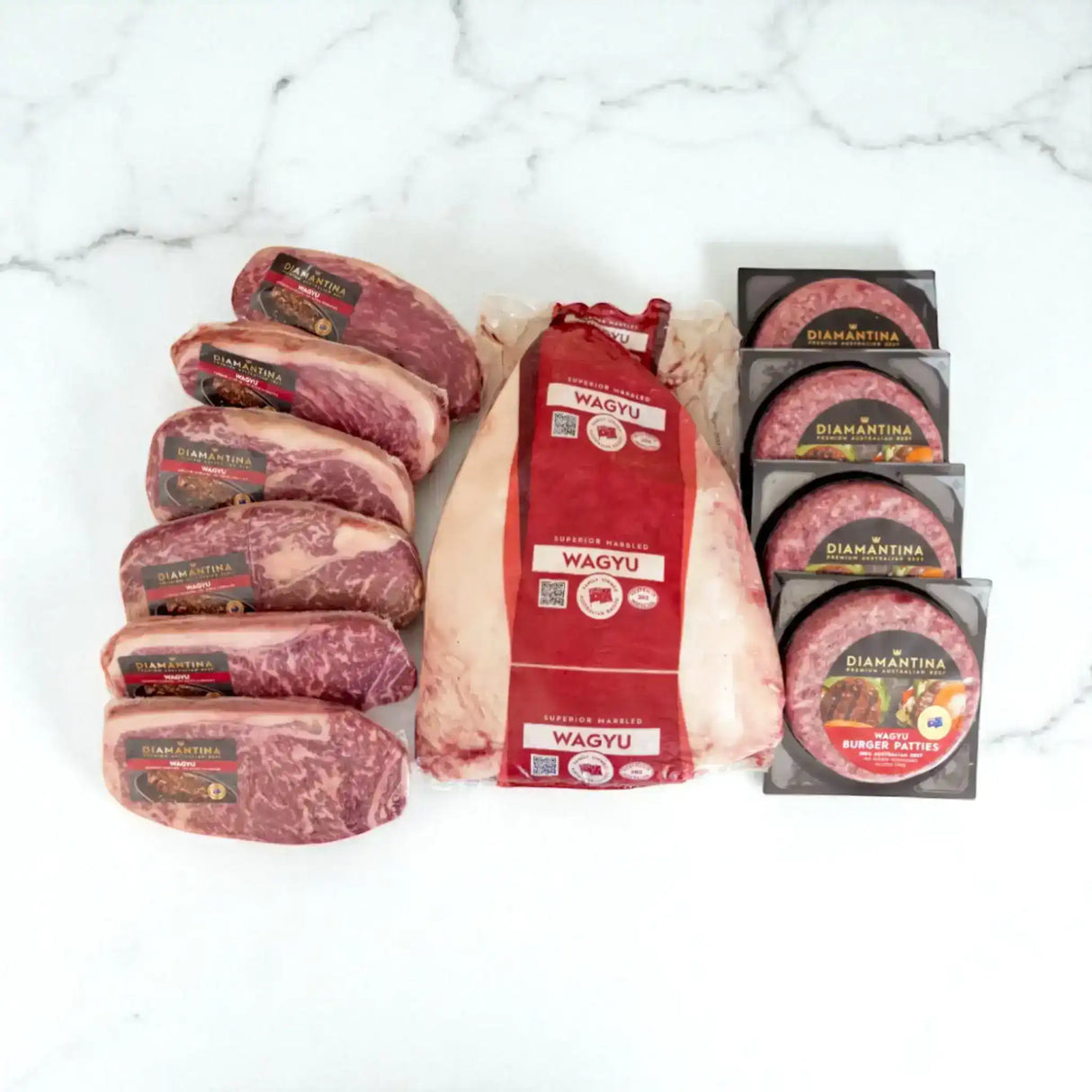 Peter Augustus Wagyu beef selection with Diamantina steaks, patties, and whole cut