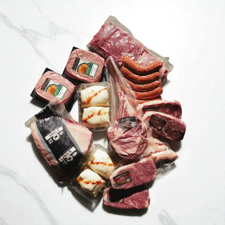 Peter Augustus Grand Grazier Feast Box with assorted Australian beef cuts, sausages, steak, and Wagyu