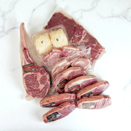 Selection of Diamantina marbled Australian beef steaks and gourmet cuts from Peter Augustus Craft Butcher