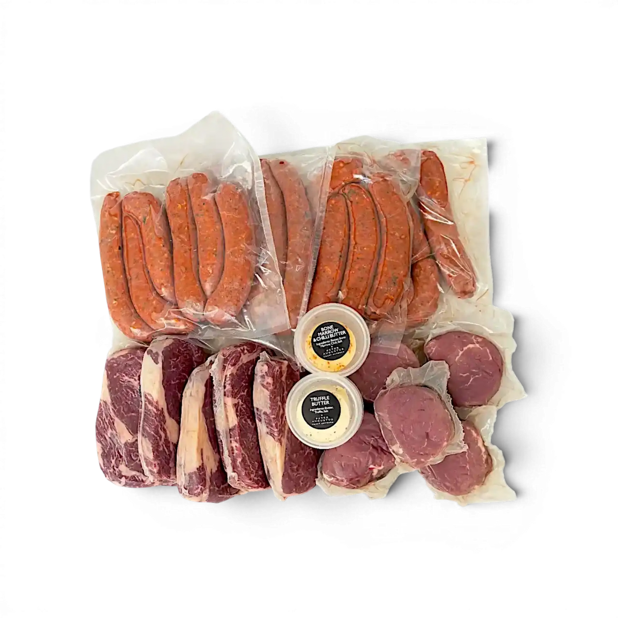 Premium beef steaks, sausages, and gourmet butters in vacuum-sealed packs for fresh delivery