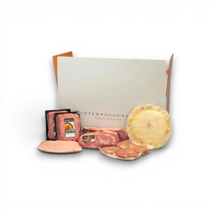 Fresh beef cuts, patties, and pie from Peter Augustus Craft Butcher, featuring Wagyu and Pure Angus meats