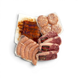 Wagyu beef steaks, sausages, burgers, and ribs in vacuum-sealed packs for grilling