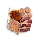 Wagyu beef steaks, sausages, burgers, and ribs in vacuum-sealed packs for grilling
