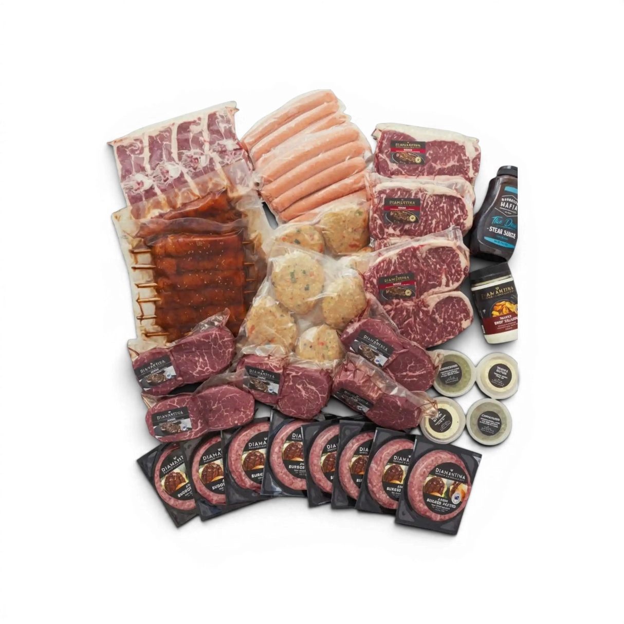 Premium beef selection: Wagyu steaks, Angus burgers, sausages, ribs, and gourmet sauces for grilling