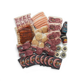 Premium beef selection: Wagyu steaks, Angus burgers, sausages, ribs, and gourmet sauces for grilling