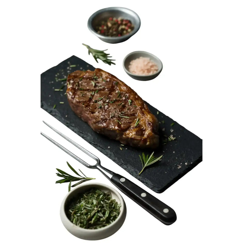 Diamantina Angus sirloin steak by Peter Augustus Craft Butcher, garnished with herbs and sea salt