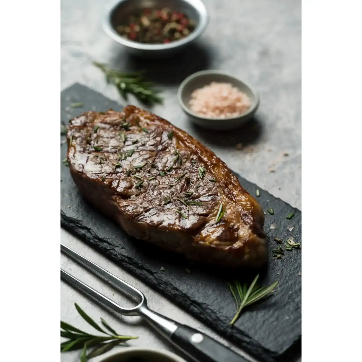 Grilled Angus striploin steak with fresh rosemary and coarse salt on a slate serving board