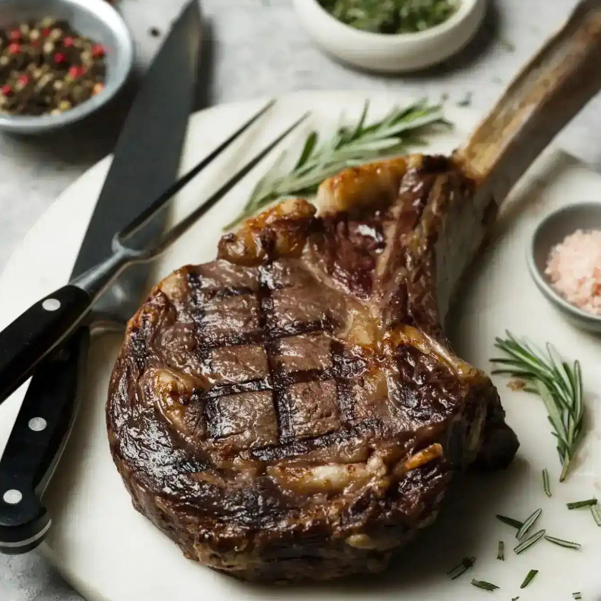 Grilled tomahawk steak on marble board with rosemary, salt, and pepper.