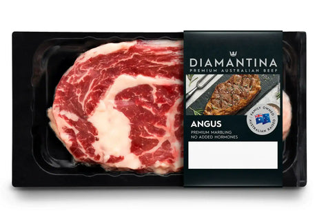 Diamantina Angus rib fillet steak in vacuum packaging, premium marbled Australian beef.