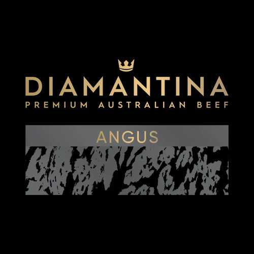 Diamantina Premium Australian Beef Angus with crown logo and marbled texture