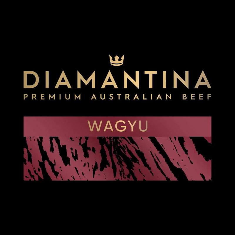 Diamantina Premium Australian Beef Wagyu logo with gold text and marbled red design on black background