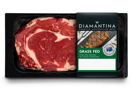 Packaged Diamantina grass fed rib fillet steak, premium Australian beef with marbling