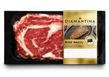 Packaged Diamantina Pure Wagyu rib fillet steak with visible marbling in black tray