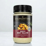 Jar of Diamantina Wagyu beef tallow, premium Australian beef fat, 330g on white background