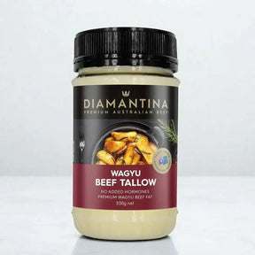 Jar of Diamantina Wagyu beef tallow, premium Australian beef fat, 330g on white background