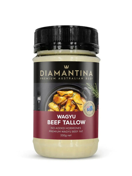 Jar of Diamantina wagyu beef tallow with image of roasted potatoes on label