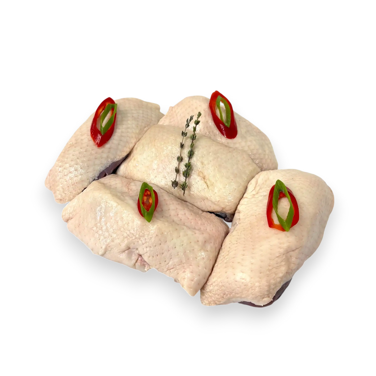 Raw duck breasts with red and green pepper slices on a transparent background