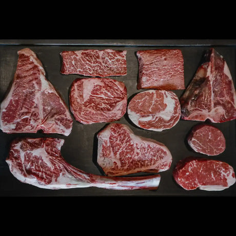 Assorted premium Australian beef cuts from Peter Augustus, including marbled steaks and tomahawk