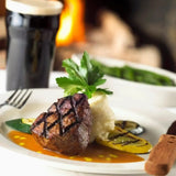 Grilled Australian beef steak with mashed potatoes and vegetables, served at Peter Augustus Craft Butcher