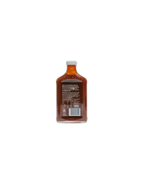 Back of a glass bottle of BBQ sauce with ingredient and nutrition facts label.