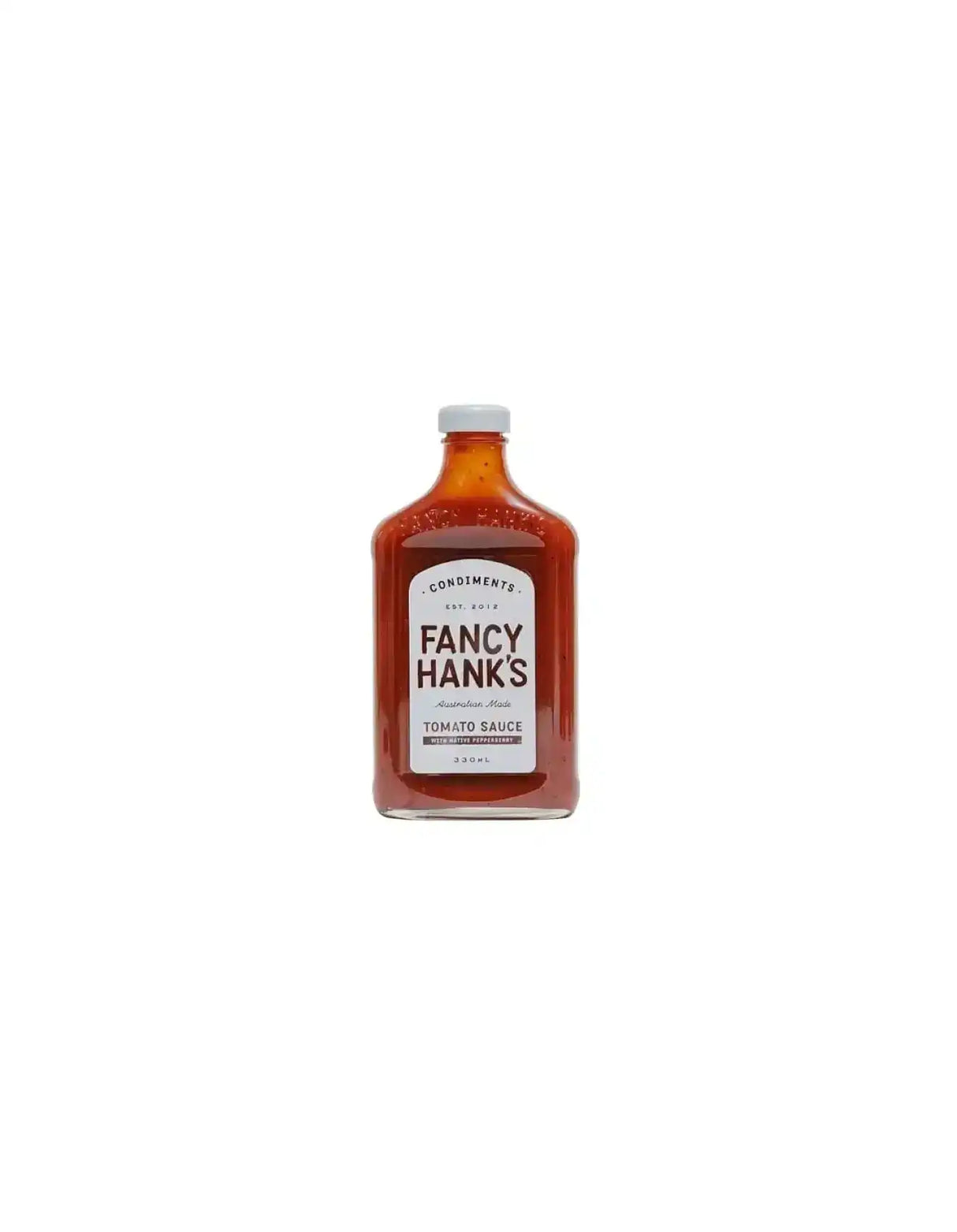 Fancy Hank's tomato sauce in a clear glass bottle with a white label on white background
