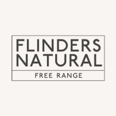 Flinders Natural Free Range beef logo in bold black text on a white background