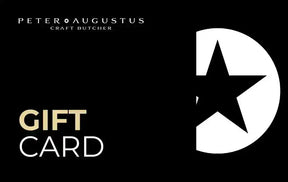 Peter Augustus Craft Butcher black gift card with star graphic and bold logo
