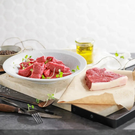 Fresh Australian rump steak and diced beef with herbs from Peter Augustus Craft Butcher