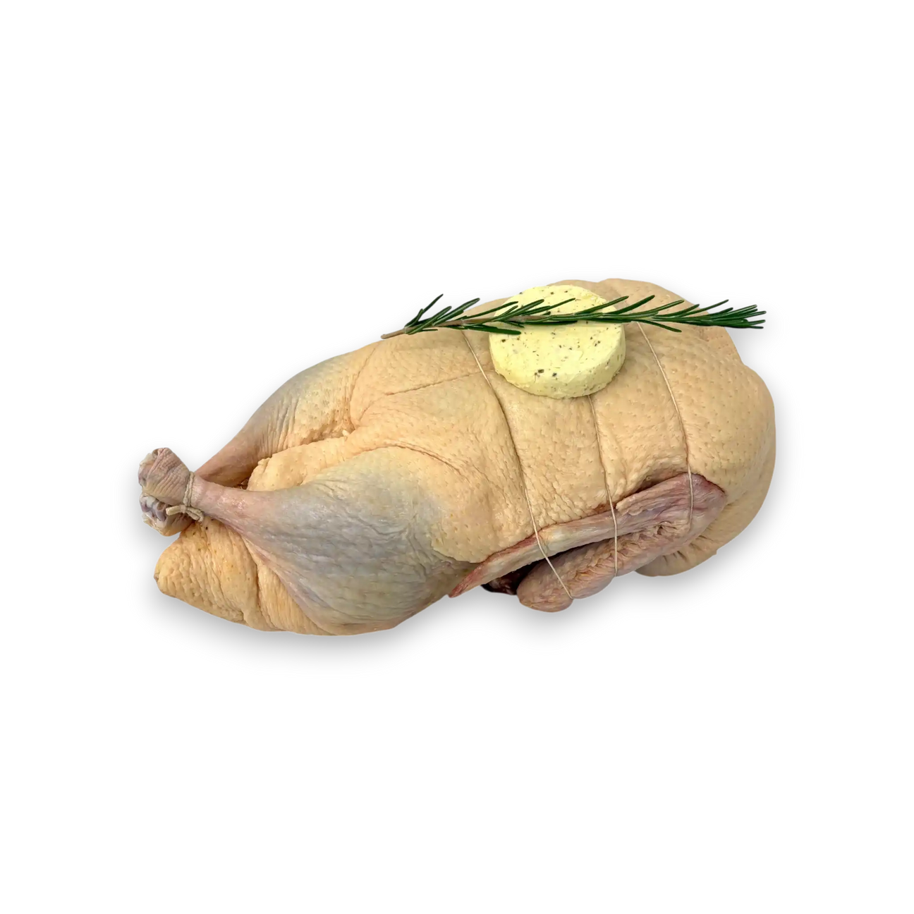 Raw chicken with butter and rosemary on a white background