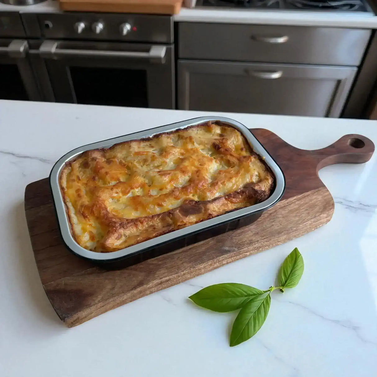 Baked beef lasagna in tray on wooden board, Peter Augustus gourmet ready meal
