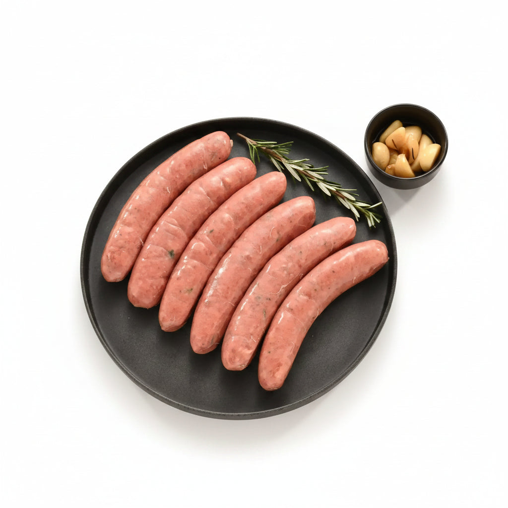 Raw lamb confit garlic and honey sausages on black plate with rosemary, garlic cloves beside