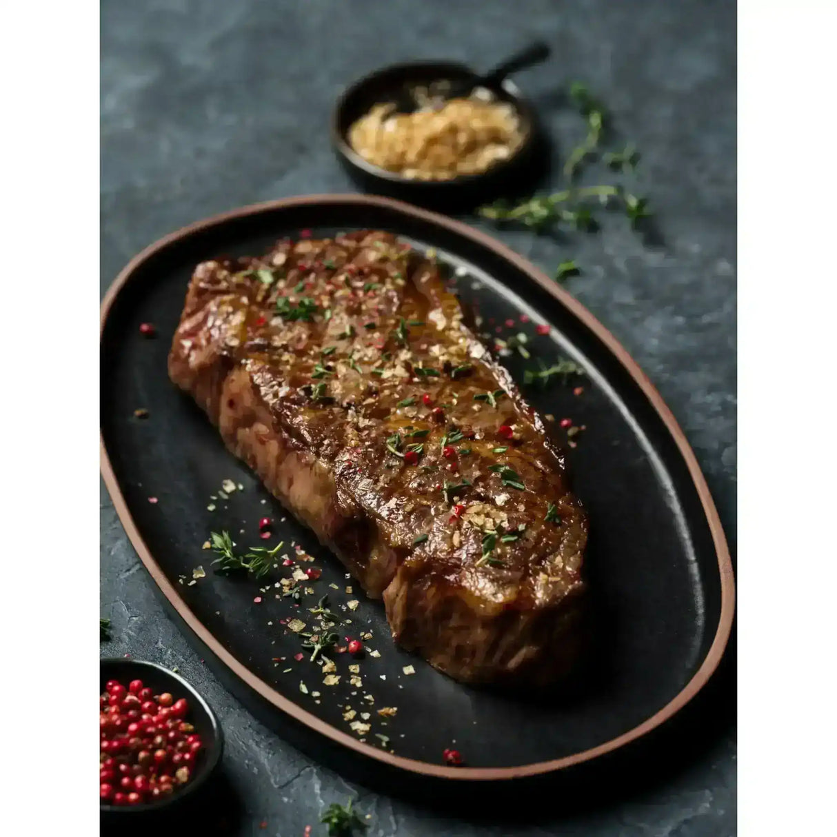 Cooked Wagyu steak on a black plate, garnished with herbs, gold flakes, and peppercorns