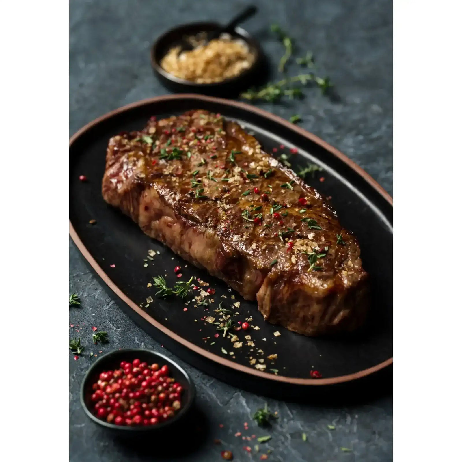 Raw Australian Wagyu sirloin steak with rich marbling on a ceramic plate from Peter Augustus