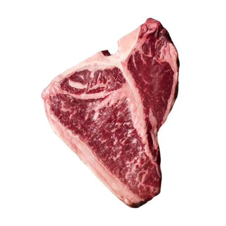 Raw Australian Wagyu T-bone steak with marbling from Peter Augustus Craft Butcher