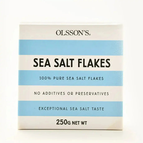 Box of Olsson's sea salt flakes 250g, pure sea salt, no additives or preservatives
