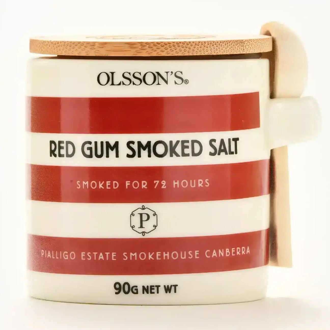 Ceramic jar of red gum smoked salt 90g with bamboo lid and striped label.