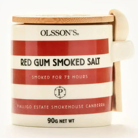 Ceramic jar of red gum smoked salt 90g with bamboo lid and striped label.