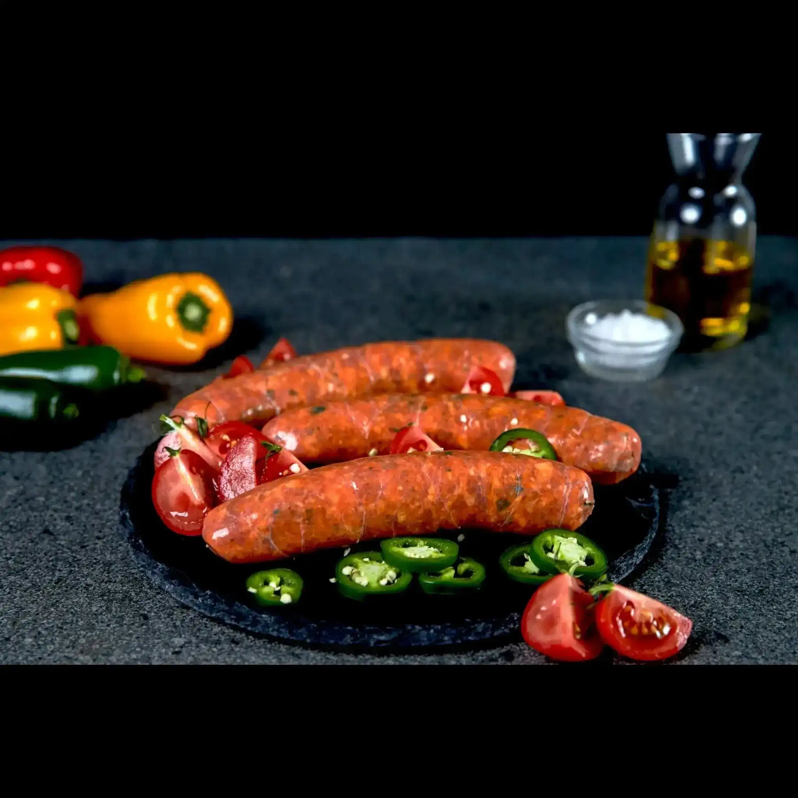 Peter Augustus hot link sausages on a black plate with red chili peppers and a side of shredded cheese