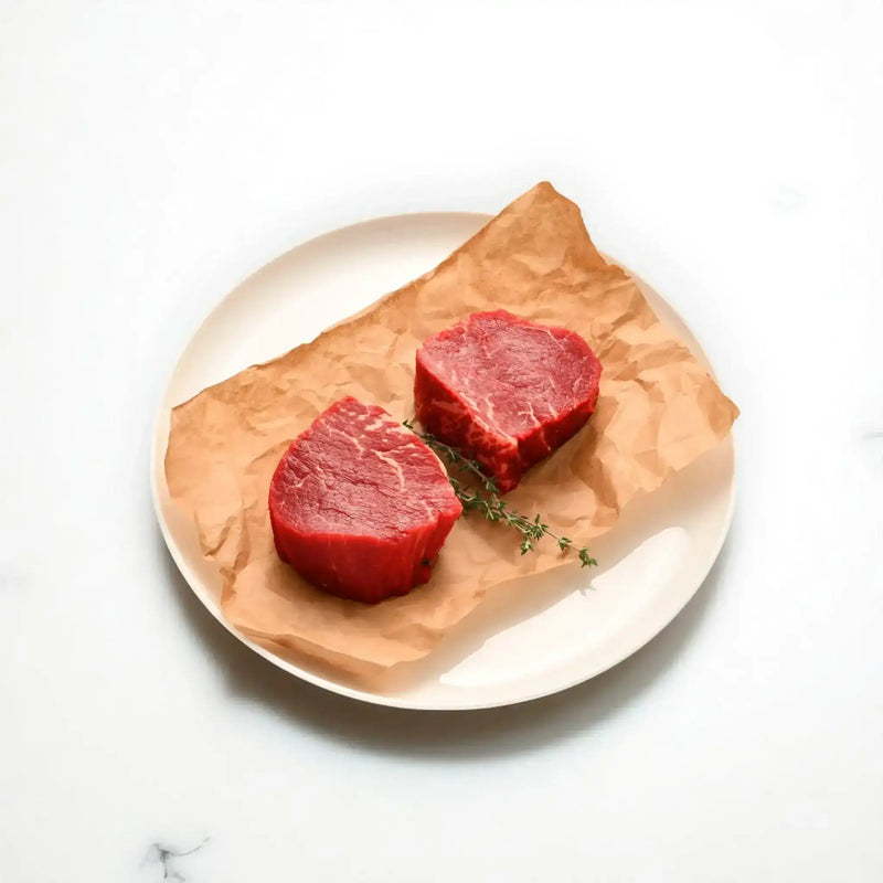 Two raw Angus eye fillet steaks from Peter Augustus Craft Butcher on brown paper with herbs