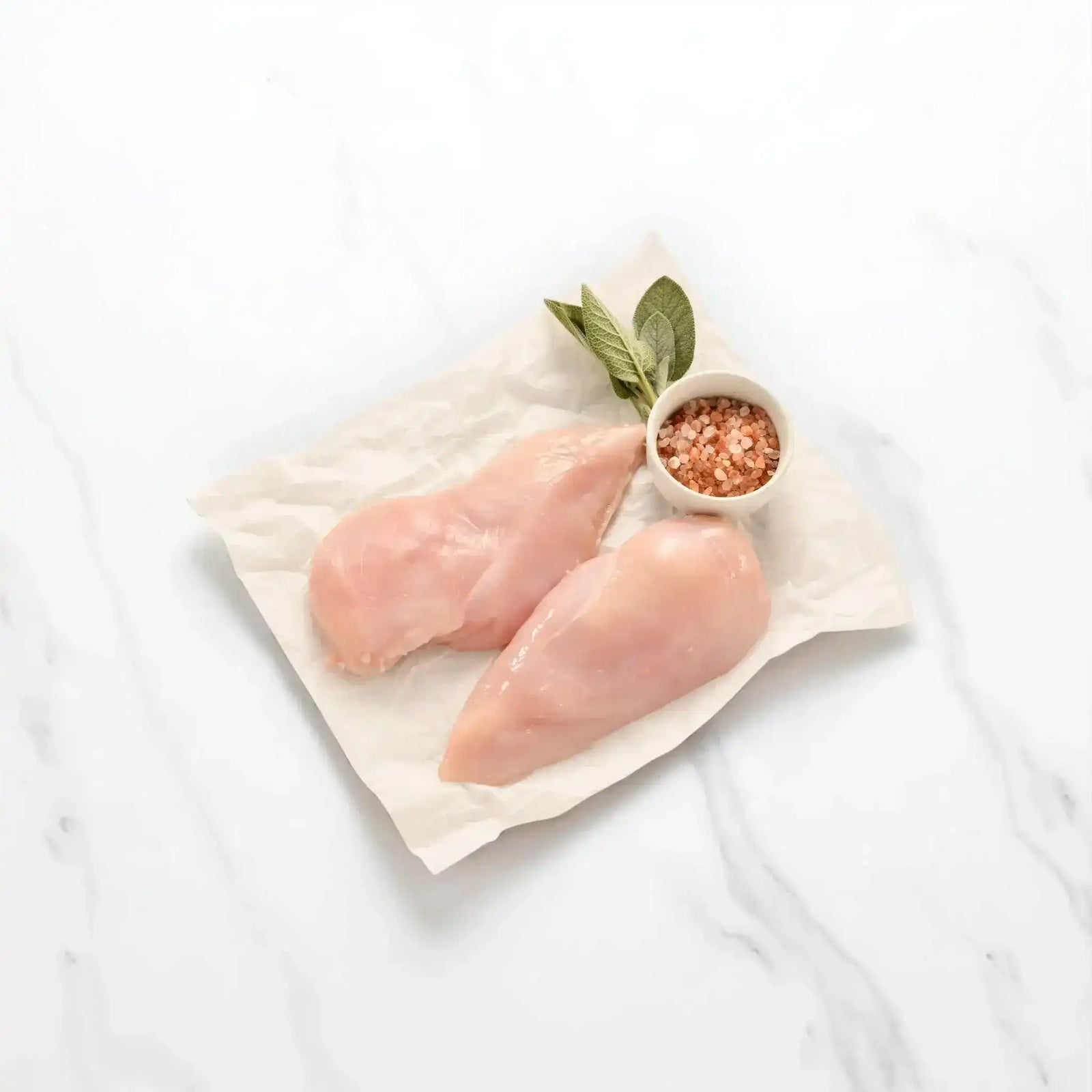 Free range skinless chicken breast fillets with pink salt and sage from Peter Augustus