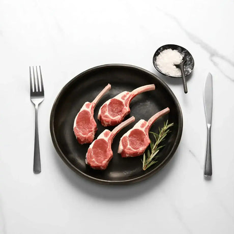 Four raw frenched lamb cutlets on a black plate with rosemary, salt, fork, and knife on white.