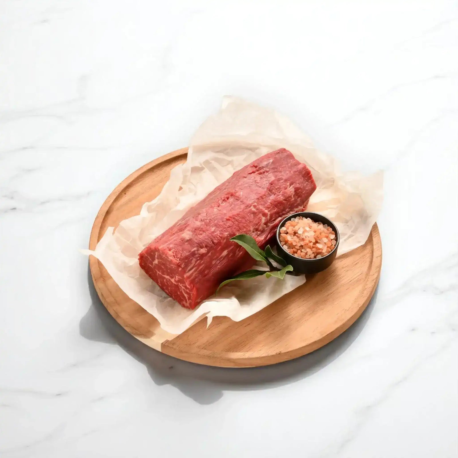 Australian Wagyu eye fillet log on parchment with pink salt and herbs, Peter Augustus Craft Butcher