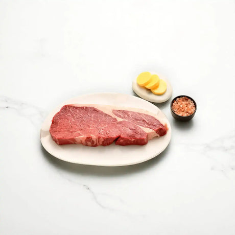 Australian Wagyu rump steak from Peter Augustus on a plate with sliced butter and salt