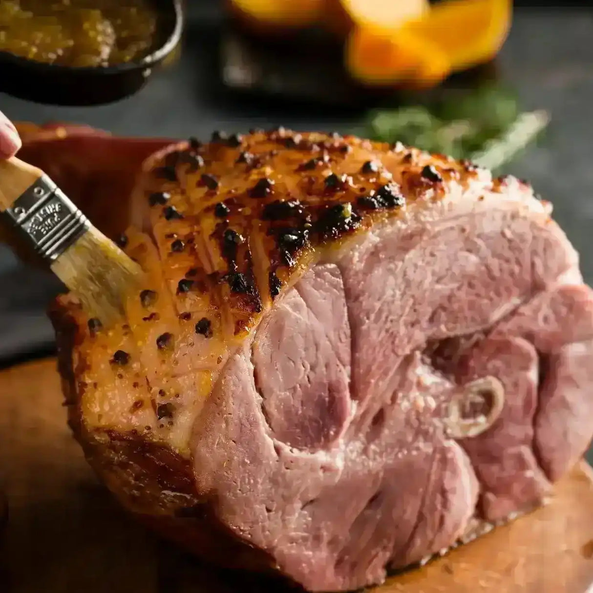 Glazed and roasted Christmas ham with cloves being brushed with sauce on a wooden board