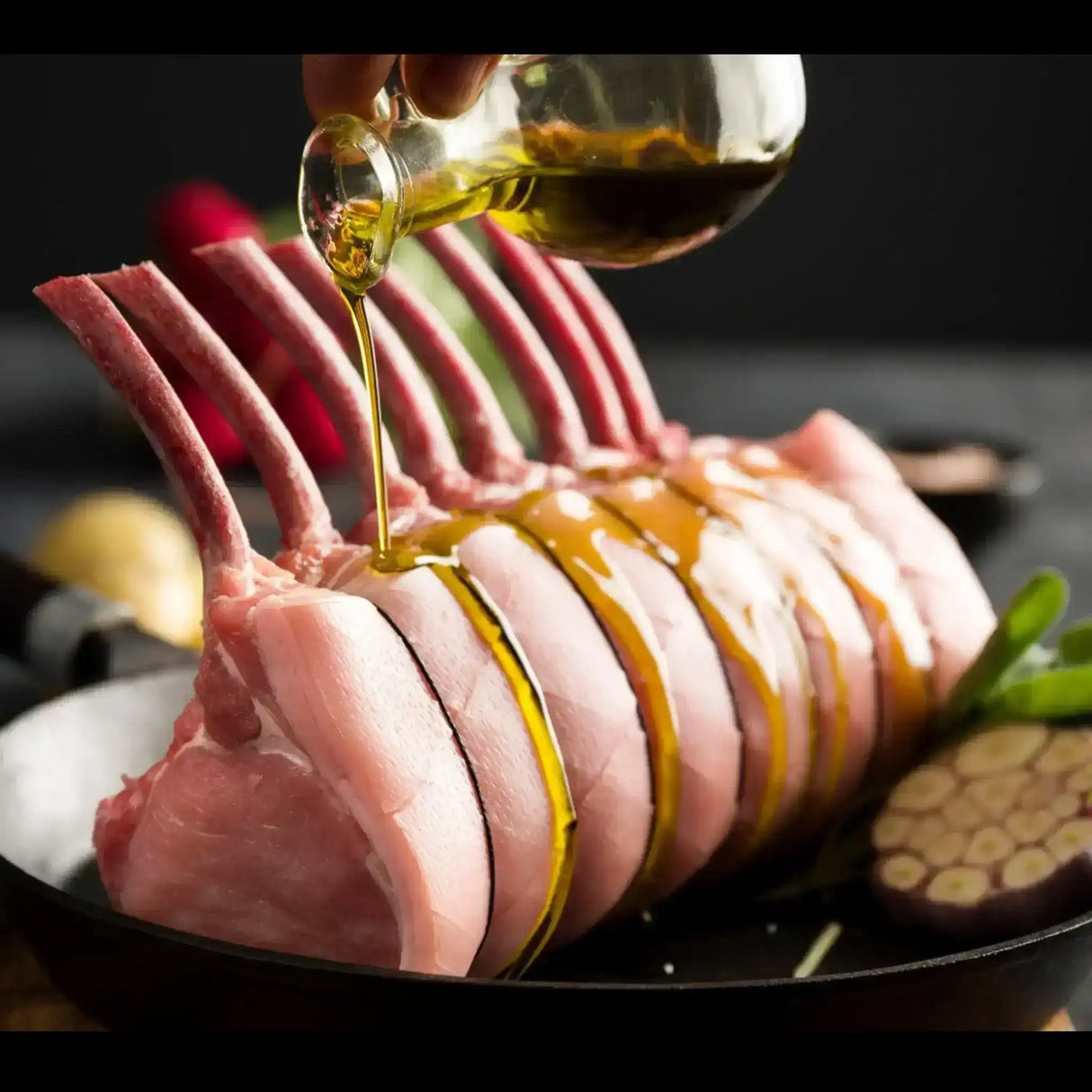 Premium raw rack of lamb with olive oil, Peter Augustus Craft Butcher gourmet meat selection
