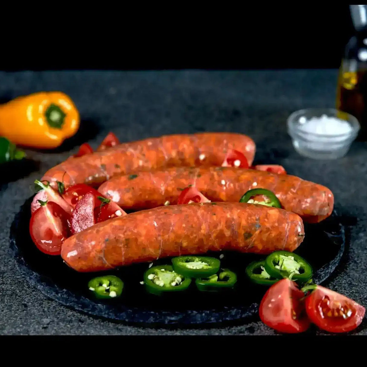 Raw gourmet sausages with sliced cherry tomatoes and jalapenos on a stone plate
