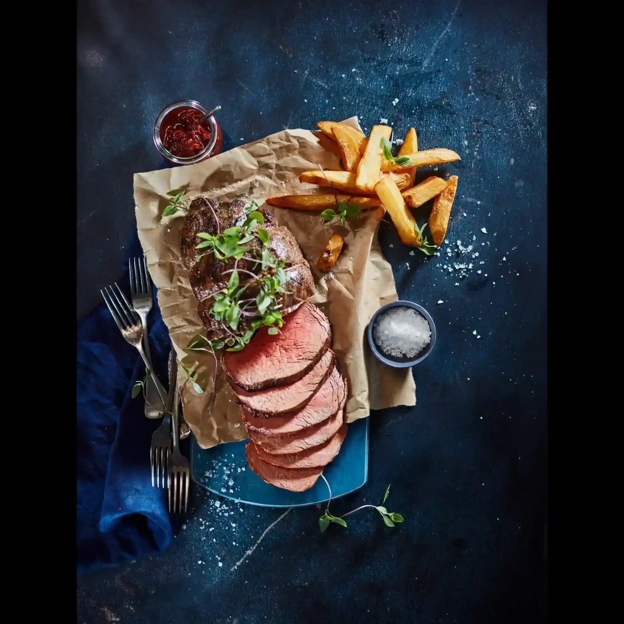 Sliced Australian roast beef with fries, sea salt, herbs, and sauce from Peter Augustus butcher