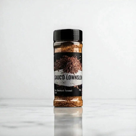 Sauc'd Lownslow smoked fennel salt seasoning jar from Peter Augustus Craft Butcher