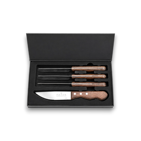 Set of steak knives with wooden handles in a black box